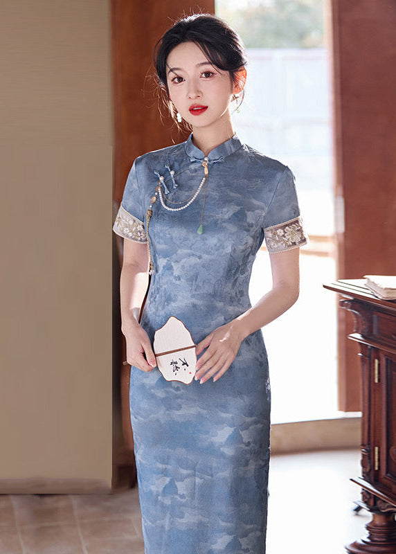 Mist-Blue Vintage Jacquard Qipao | Slim Mandarin Maxi