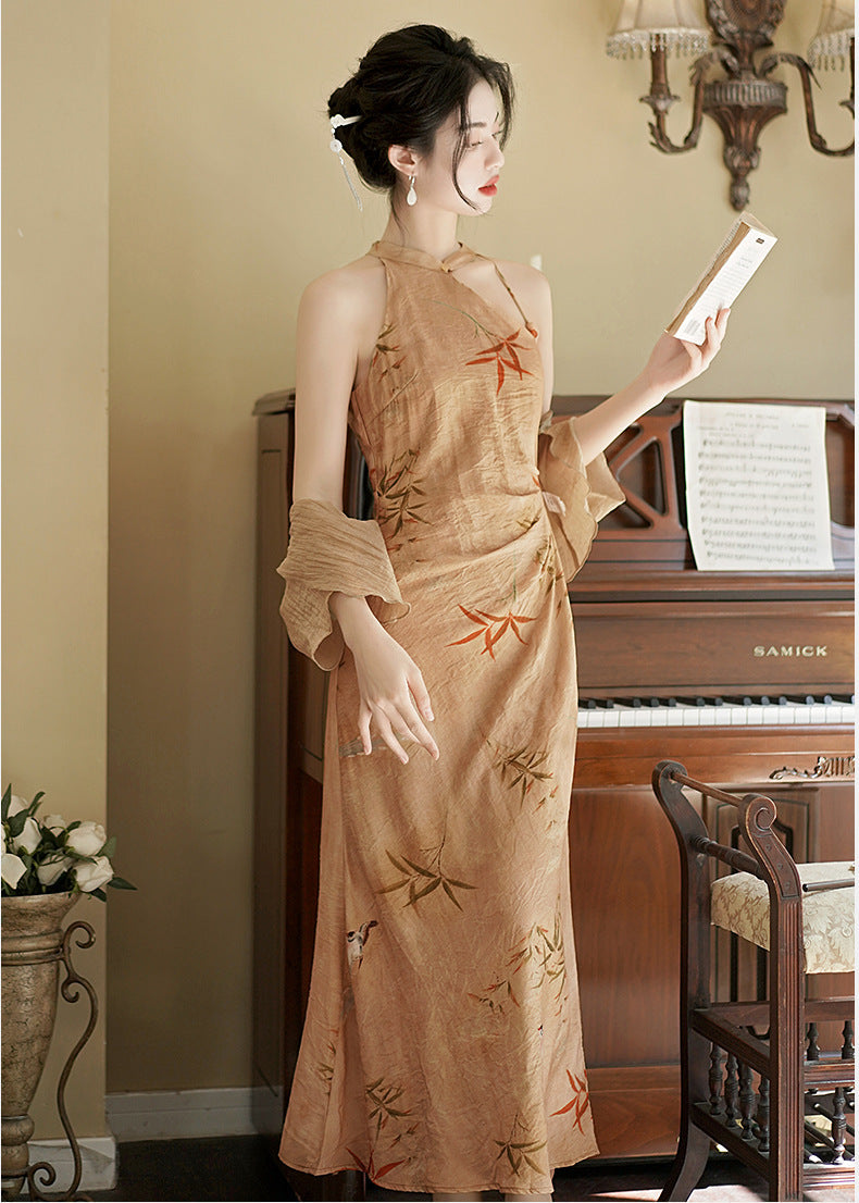 Champagne Apricot Bamboo Print Qipao Dress | Cape Sleeve Mandarin Collar Frog Button Slim Maxi
