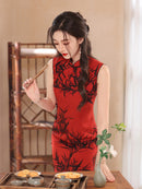 Red Black Bamboo Print Qipao Dress Sleeveless Mandarin Collar Slim Fit Side Slit Maxi