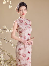 Butterfly Floral Print Sleeveless Qipao Maxi Dress | Mandarin Collar Slim Slit Cheongsam