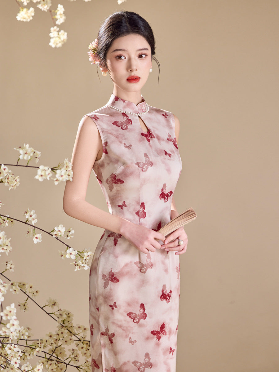Butterfly Floral Print Sleeveless Qipao Maxi Dress | Mandarin Collar Slim Slit Cheongsam