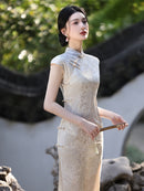 Beige Jacquard New-Chinese Sleeveless Qipao Dress | Sleek Elegant Maxi for Summer