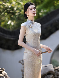 Beige Jacquard New-Chinese Sleeveless Qipao Dress | Sleek Elegant Maxi for Summer
