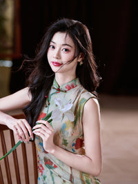 Watercolor-Print Sleeveless New-Chinese Qipao Dress | Morandi Tones, Slim Midi with Side Slit