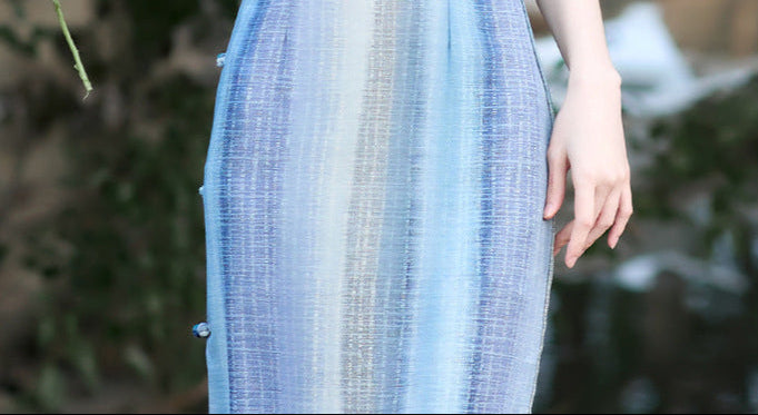 Summer Blue White Striped Retro Qipao | Slim Fit Vintage Cheongsam Dress