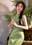 Cool-Green Modern Chinese Qipao | Sleeveless Mandarin Maxi Dress