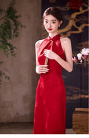 Festive Red Halter-Neck Jacquard Modern Qipao Maxi | Bias-Cut Slim Silhouette with Side Slit