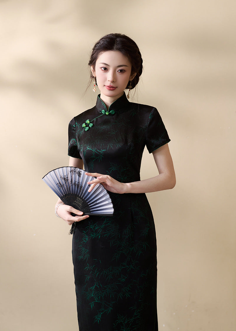 Black Qipao Dress with Bamboo Embroidery | Mandarin Collar Frog Button Slim Fit Elegant Gown