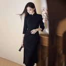 Black Tonal Floral Qipao | Three-Quarter Sleeve Cheongsam Dress