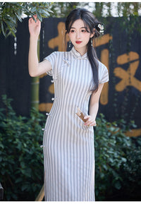 Ivory-Grey Striped Qipao Maxi Dress | Mandarin Collar & Frog Buttons