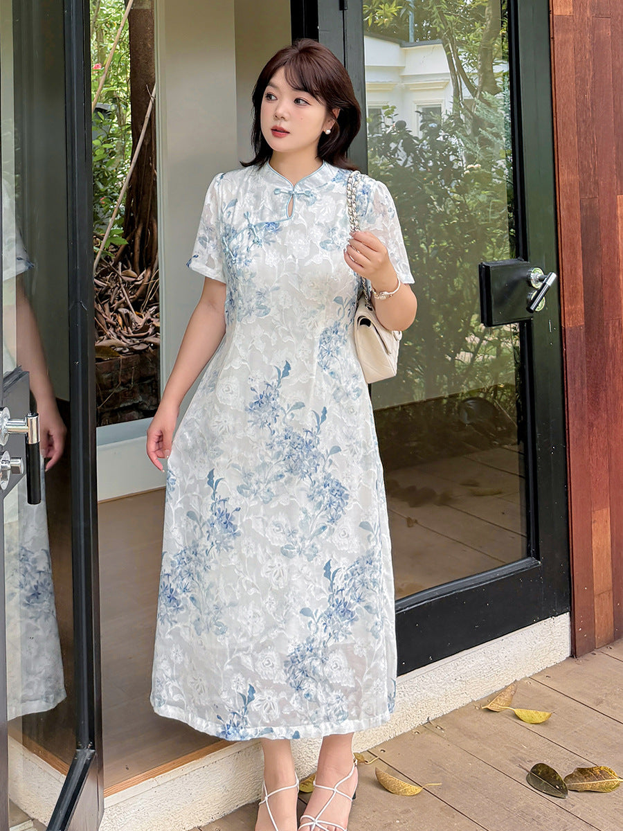 New Chinese Blue-White Jacquard Qipao Dress | Keyhole Mandarin, Short-Sleeve A-line Midi