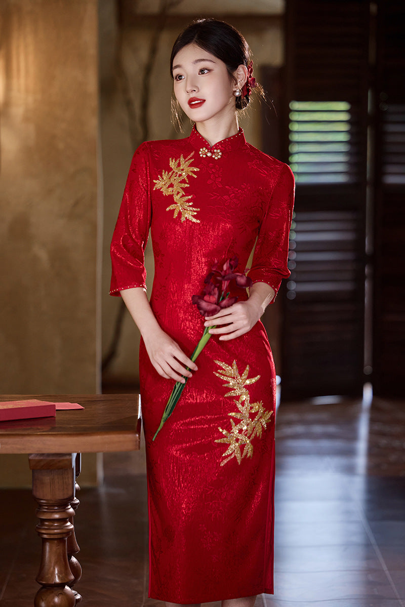Crimson Bamboo-Embroidered Modern Qipao Midi | Mandarin Collar with Beaded Button