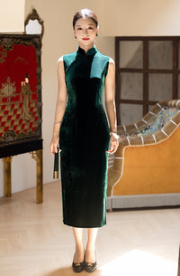Emerald Green Modern Qipao Midi | Sleeveless Mandarin Neck