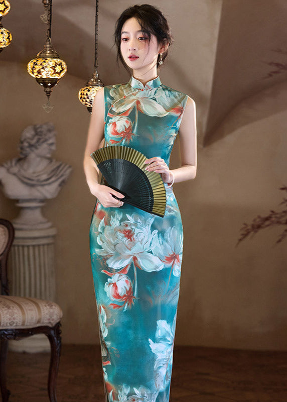 Sleeveless Long Slim Qipao Dress | Summer Ink-Style Floral