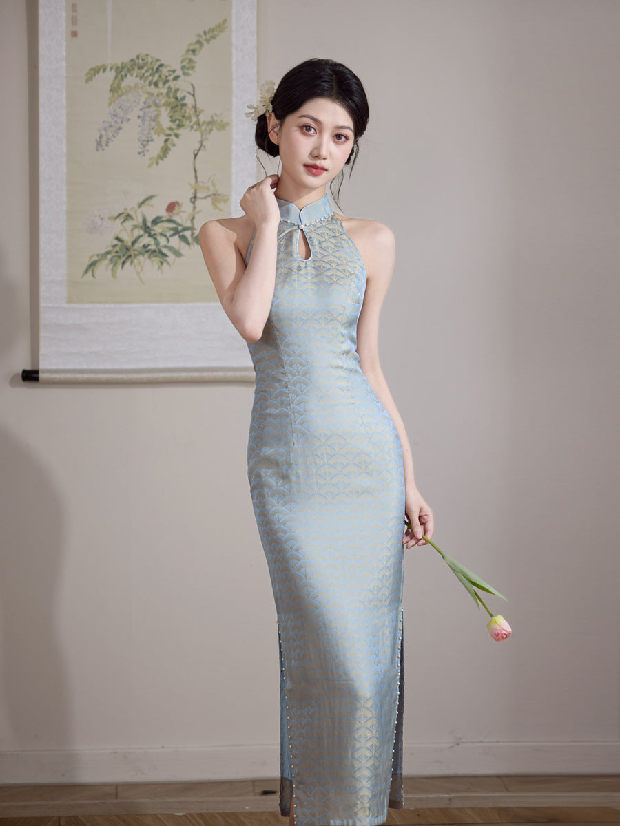 Misty Blue Jacquard Halter Qipao Midi Dress | Mandarin Collar Keyhole Slim Cheongsam