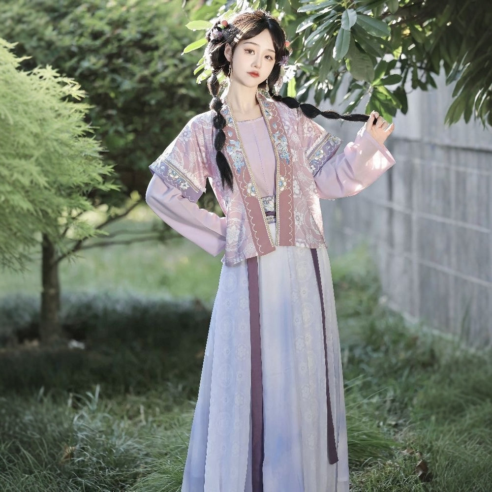 Elegant Purple and White Hanfu Dress with Floral Embroidery