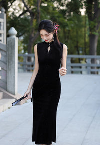 Velvet Sleeveless Qipao Dress | Mandarin Collar Keyhole Slim Cheongsam Midi