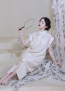 Modern Chinese Qipao Two-Piece Set | Ivory Mandarin-Collar Straight Dress