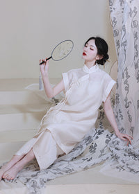 Modern Chinese Qipao Two-Piece Set | Ivory Mandarin-Collar Straight Dress