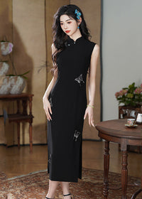 New Chinese Style Black Sleeveless Butterfly Embroidered Qipao Dress | Mandarin Collar Slim Fit High Slit Maxi Gown