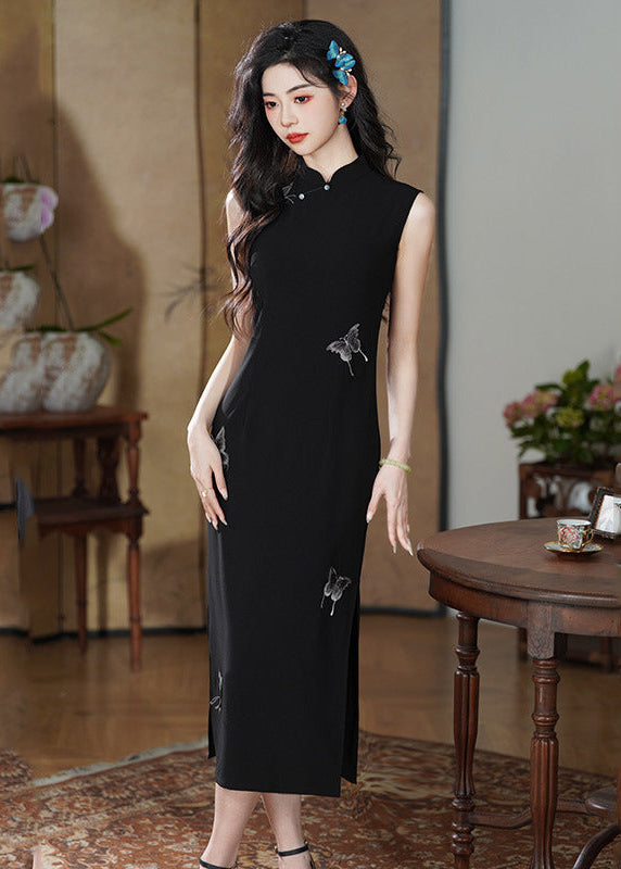 New Chinese Style Black Sleeveless Butterfly Embroidered Qipao Dress | Mandarin Collar Slim Fit High Slit Maxi Gown