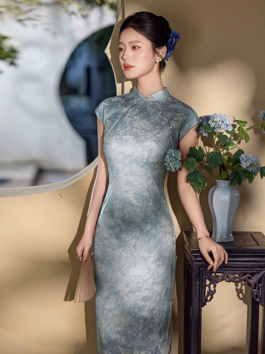 Blue Vintage-Wash Short Sleeve Qipao Maxi Dress | Mandarin Collar Slim Slit Cheongsam
