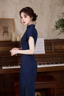 New Chinese Style Vintage Cheongsam Dress | Ribbed Slim Midi Mandarin