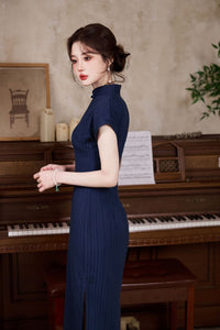 New Chinese Style Vintage Cheongsam Dress | Ribbed Slim Midi Mandarin