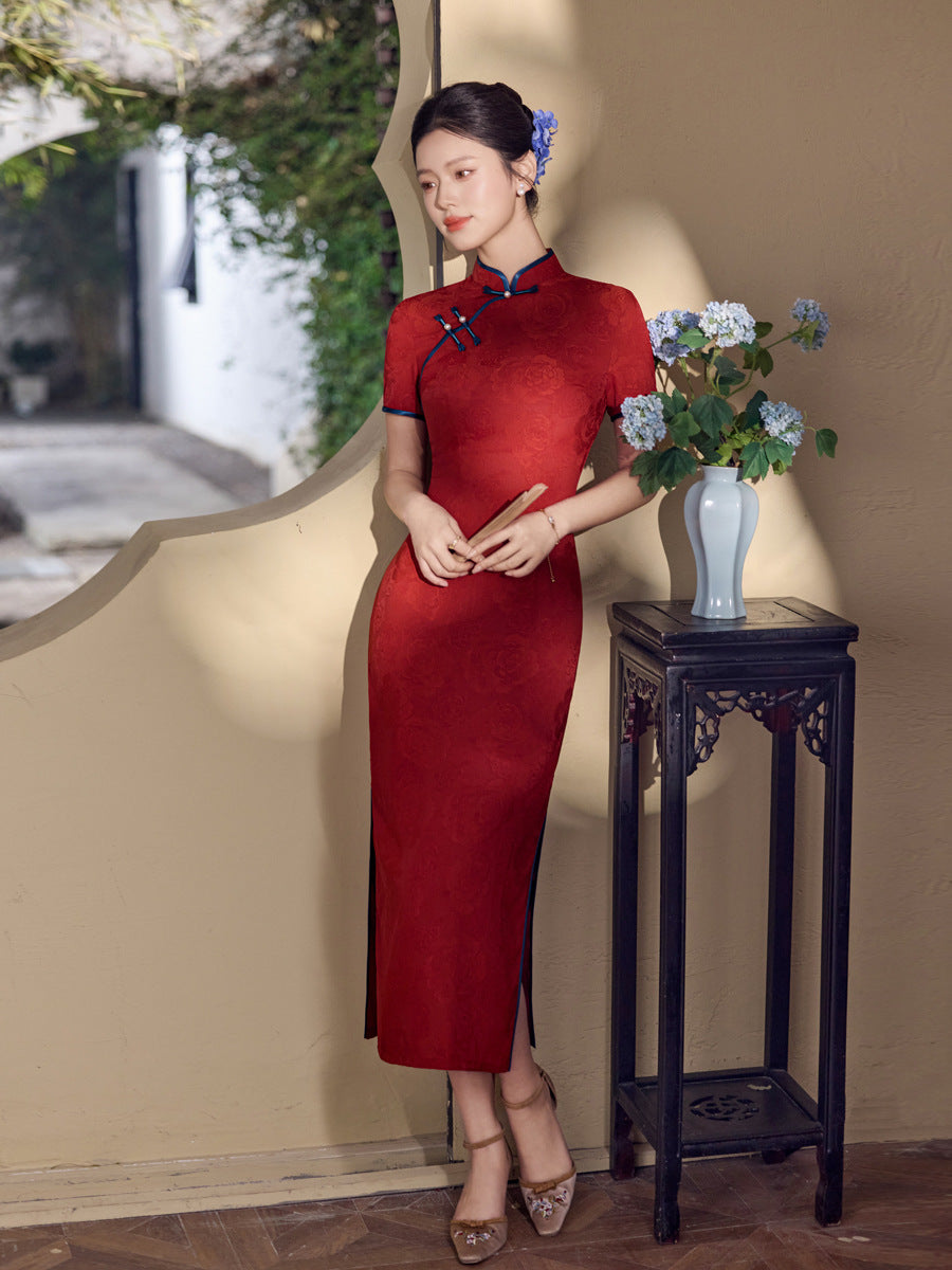 Burgundy Blue-Piping Tonal Jacquard Short Sleeve Qipao Maxi Dress | Mandarin Collar Slit Cheongsam