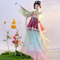 Hanfu Elegant Floral Silk Dress with Flowing Sleeves for Women - Traditional Chinese Costume
