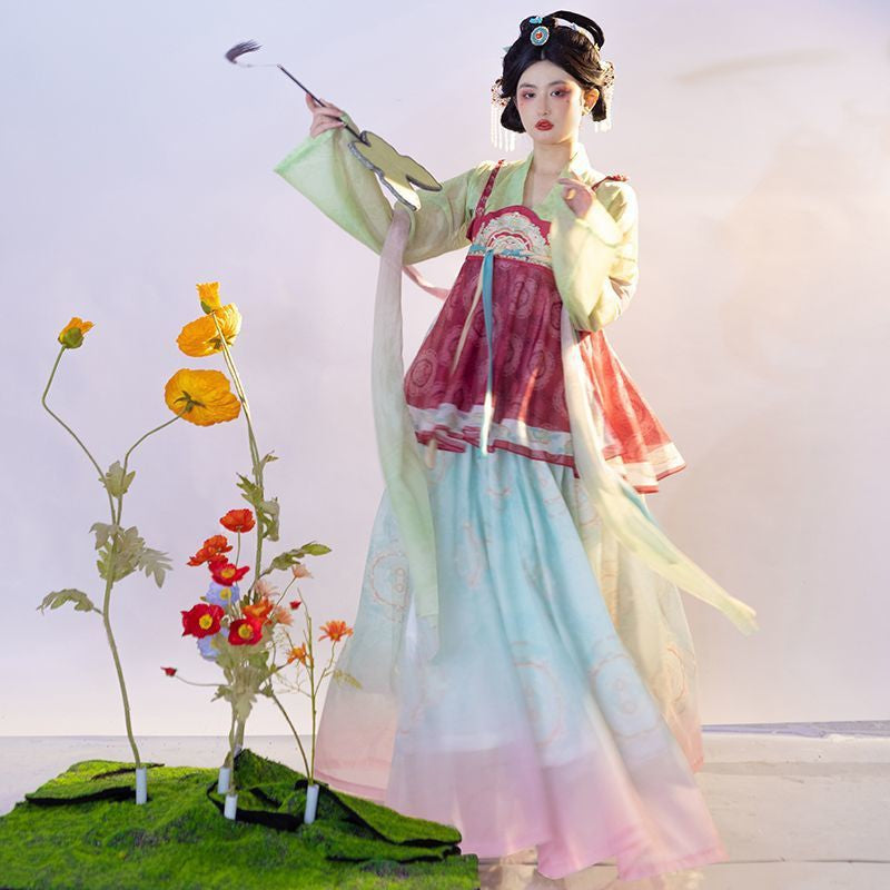 Hanfu Elegant Floral Silk Dress with Flowing Sleeves for Women - Traditional Chinese Costume