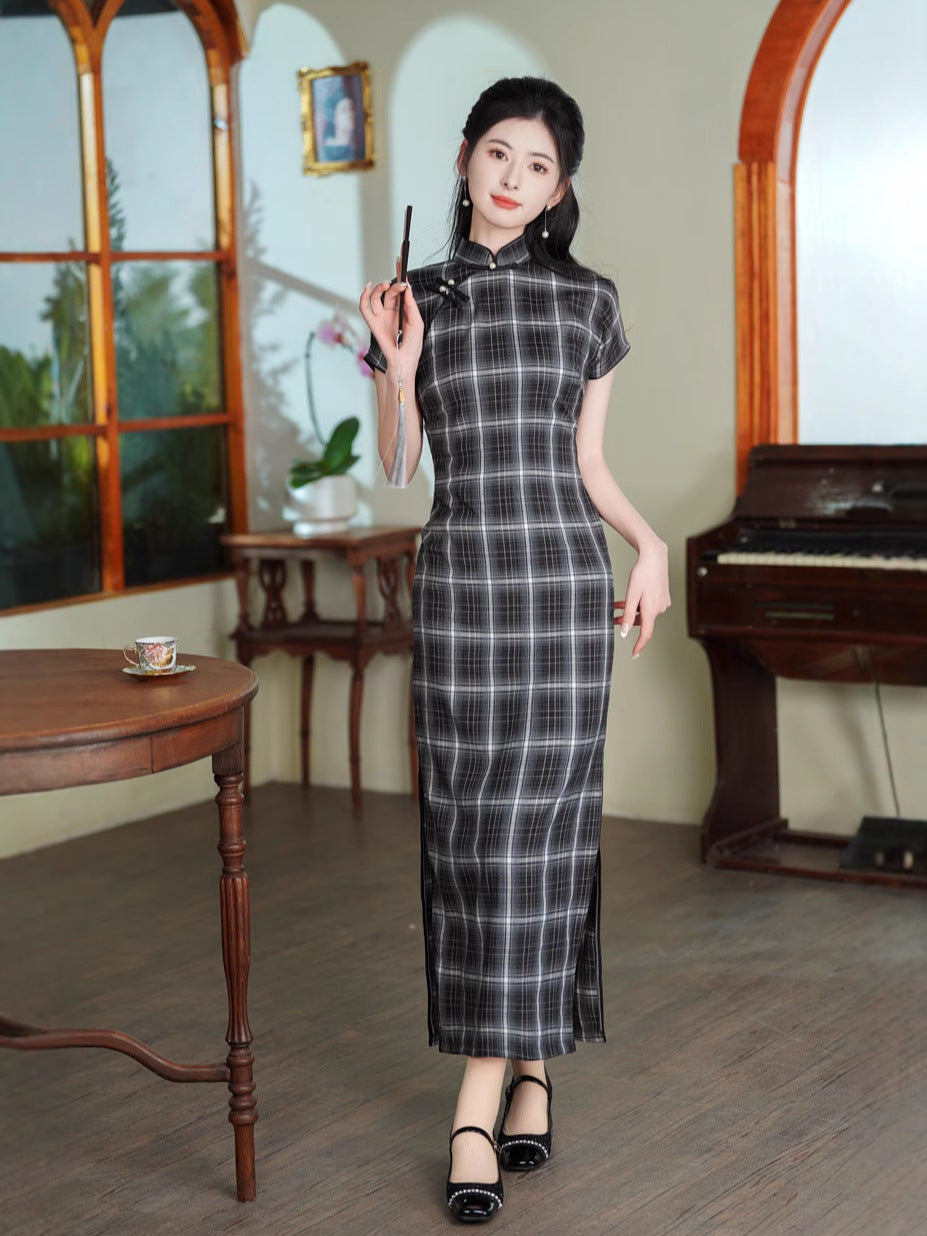 Spring TR Plaid Qipao Maxi Dress | Slim Vintage Chic