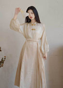 Cream Jacquard Mamian Skirt Set | Mandarin-Collar Puff-Sleeve Top