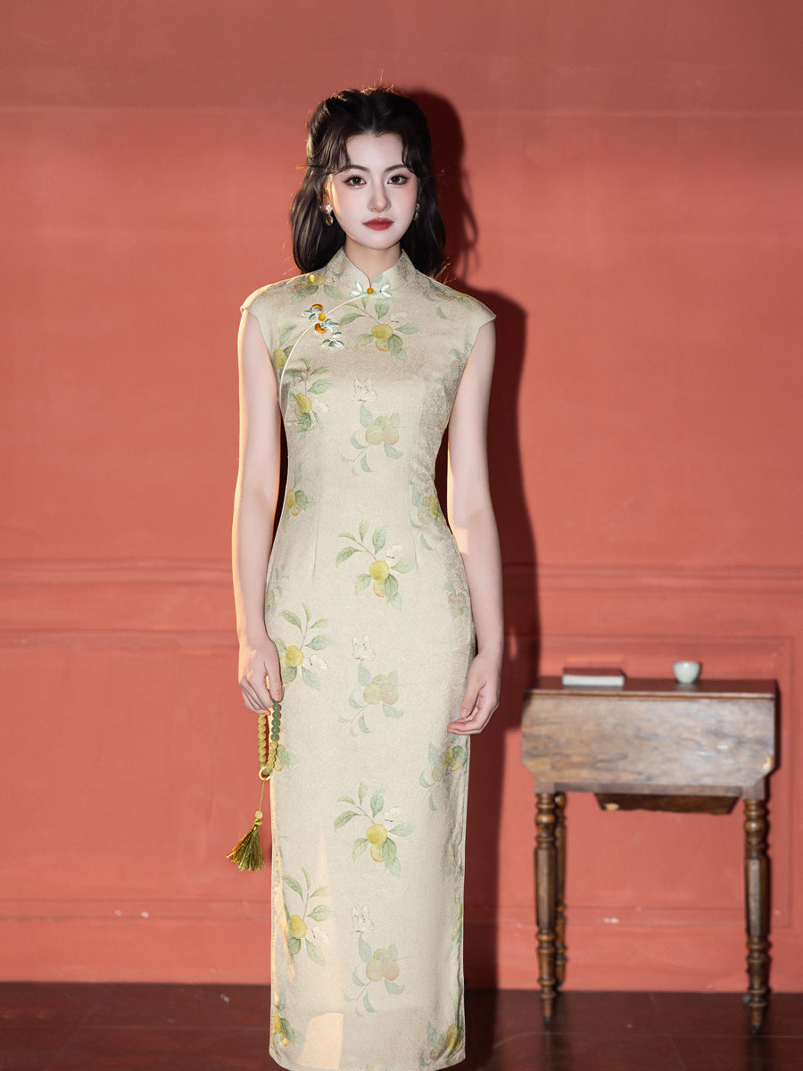 Apricot Embroidered Sleeveless Qipao Dress | Mandarin Collar Slim Maxi Cheongsam