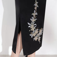 Black Embroidered Modern Qipao Midi | Sleeveless Mandarin Neck, Beaded Frogs