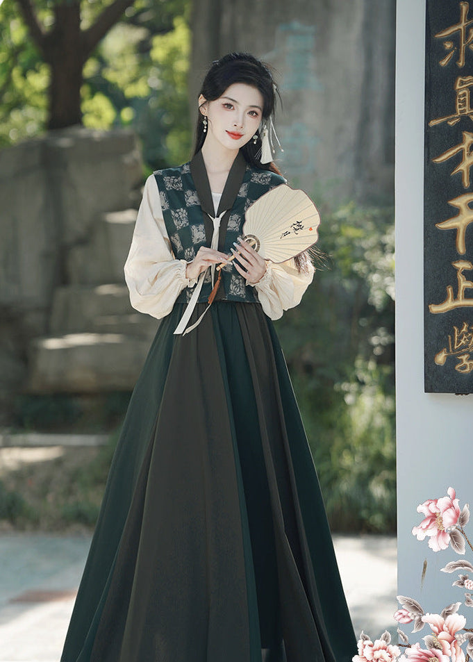 Spring Tang-Style Blouse & Eight-Panel Skirt Set | Deep-Green Patchwork Vest, Lantern Sleeves, High-Waist Flowing Maxi