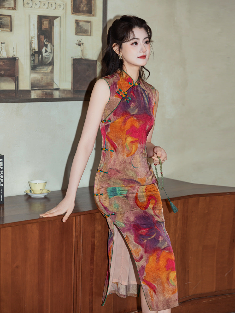 Retro Orange Sleeveless Qipao Dress | Mandarin Collar Slim Midi Cheongsam