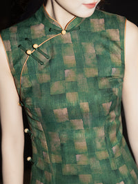 Green Checker Jacquard Sleeveless Qipao Dress | Mandarin Collar Slim Maxi Cheongsam