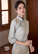 Ice-Blue Jacquard Qipao | 3/4 Sleeve Slim Long Dress