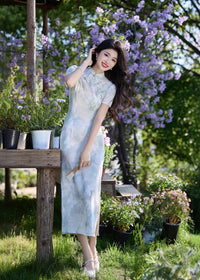 Fresh Watercolor Floral Qipao Long Dress | Short-Sleeve Slim Fit