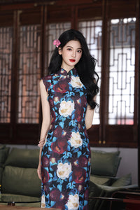 New Chinese Vintage Oil-Paint Floral Qipao Dress Black Base Blue Burgundy