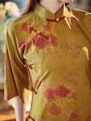 Mustard Yellow Ink-Wash Floral Qipao Dress | Mandarin Collar Frog Buttons