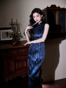 Navy Blue Butterfly Jacquard Satin Qipao Dress Modern Chinese Sleeveless Mandarin Collar Evening Gown