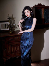 Navy Blue Butterfly Jacquard Satin Qipao Dress Modern Chinese Sleeveless Mandarin Collar Evening Gown