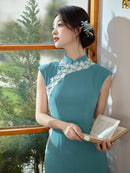 Vintage Cool Tone Qipao | Acetate Faux Hand-Grabbed Floral Design | Elegant Blue Slim Dress