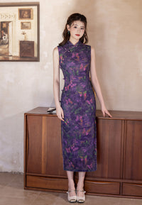 Purple Butterfly-Print Modern Qipao Midi | Sleeveless Mandarin Neck