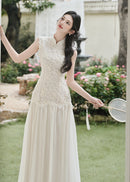 Lace Qipao Gown | Sleeveless White Mandarin Maxi Dress