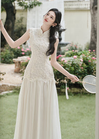 Lace Qipao Gown | Sleeveless White Mandarin Maxi Dress