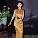 New Chinese Gold Jacquard Qipao Dress | Cap Sleeve Mandarin Collar Frog Button High Slit Maxi Gown