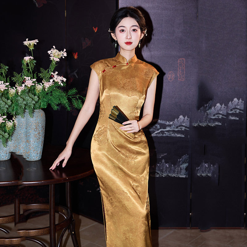 New Chinese Gold Jacquard Qipao Dress | Cap Sleeve Mandarin Collar Frog Button High Slit Maxi Gown
